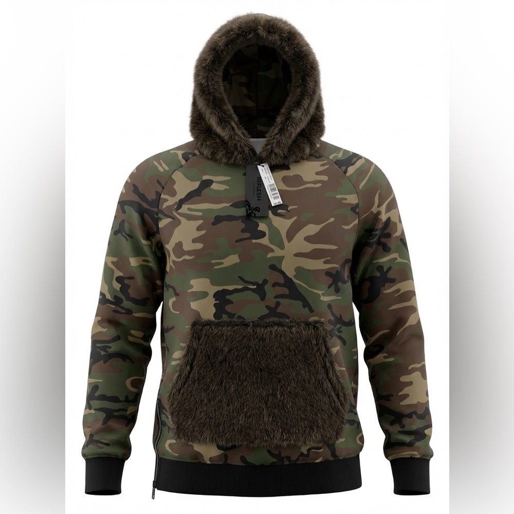 NWT Riflessi Collection Camouflage Hoodie with Faux Fur Trim Size Medium